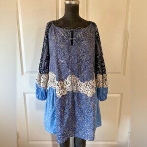 LOFT Petite Blue Patchwork Lace Trim Boho Tunic Dress Long Sleeve SP